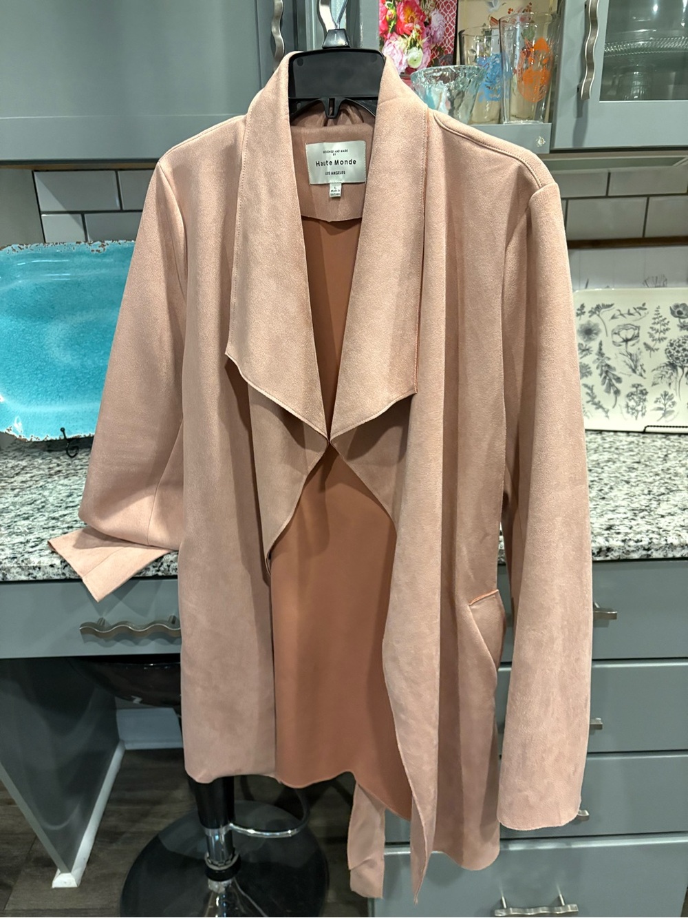 Faux Suede Drape Front Jacket - Dusty Pink